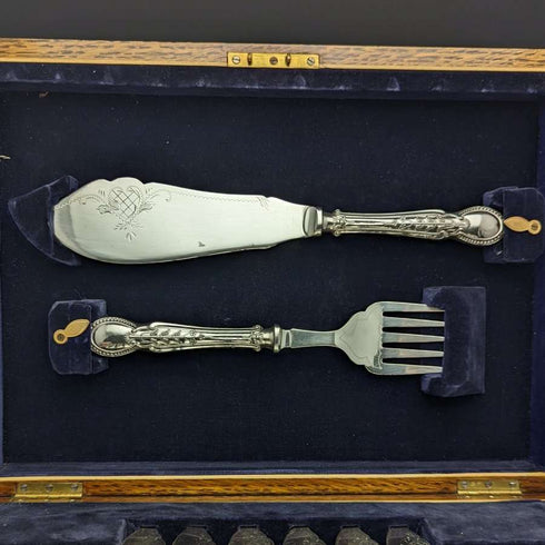 1929年 英国ヴィンテージ 純銀(925シルバー) ハンドル フィッシュカトラリー6x2&サーバセット CH Beatson 木箱入り
