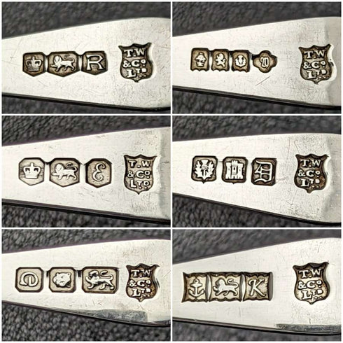 1959년 영국 빈티지 순은 멀티 홀마크 티스푼 6본 세트 (케이스 포함)