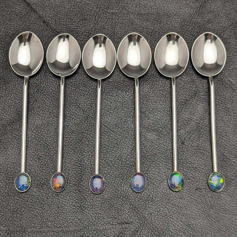 復古純銀茶匙 6 件裝蛋白石裝飾盒