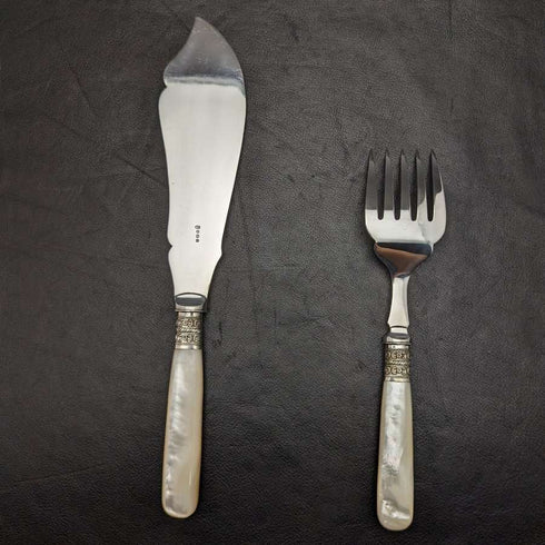 British antique silver plate fish server set white butterfly shell handle