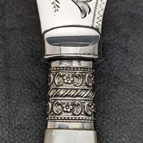 British antique silver plate fish server set white butterfly shell handle