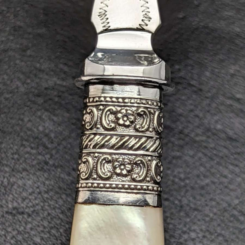 British antique silver plate fish server set white butterfly shell handle