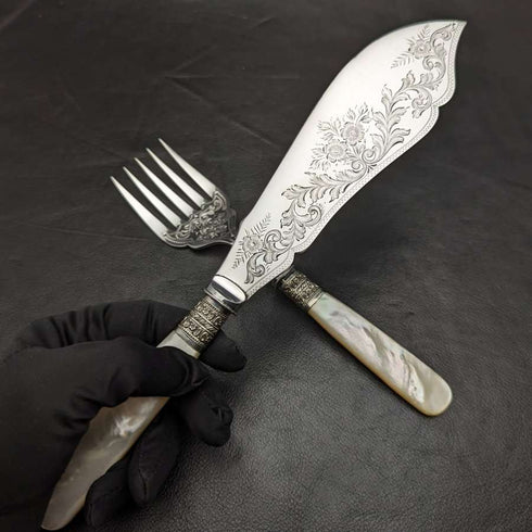 British antique silver plate fish server set white butterfly shell handle