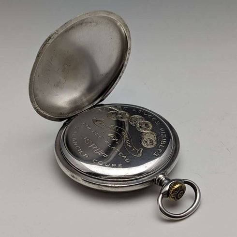 Reloj de bolsillo suizo antiguo, caja de plata grabada, esfera abierta, esfera de papel, en funcionamiento.