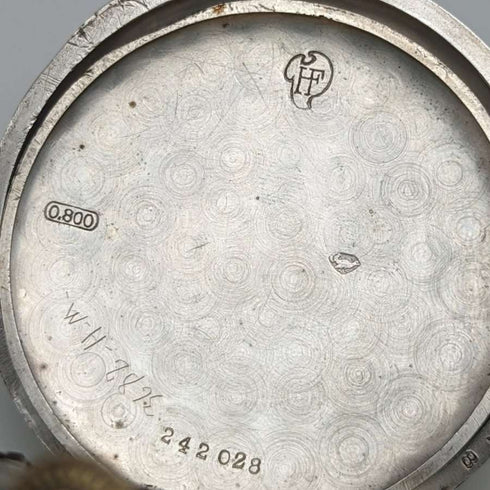 Reloj de bolsillo suizo antiguo, caja de plata grabada, esfera abierta, esfera de papel, en funcionamiento.