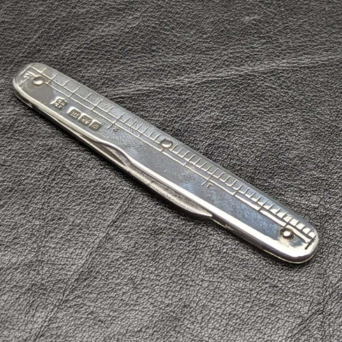 Mini navaja plegable de plata de ley con regla, antigüedad británica de 1904