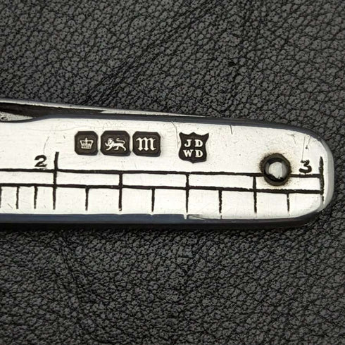 Mini navaja plegable de plata de ley con regla, antigüedad británica de 1904
