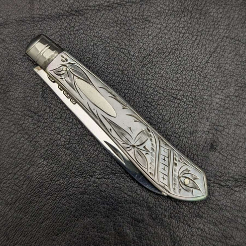 1902 年英國古董白色珍珠雕刻手柄純銀刀片折疊筆刀