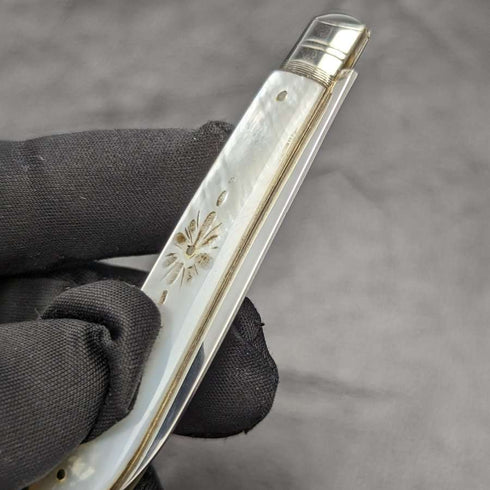 1902 年英國古董白色珍珠雕刻手柄純銀刀片折疊筆刀