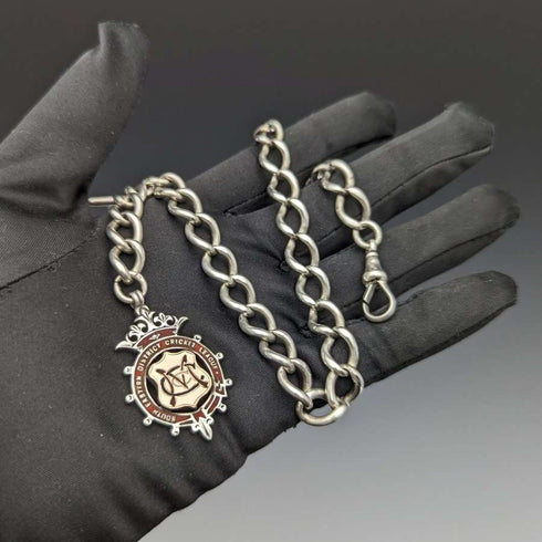 Around 1900 British Antique Sterling Silver Albert Chain 52g Sterling Silver Medal Fob