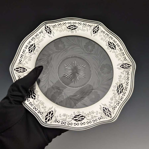 미국 빈티지 순은 림 장식 컷 글라스 플레이트 지름 19cm
