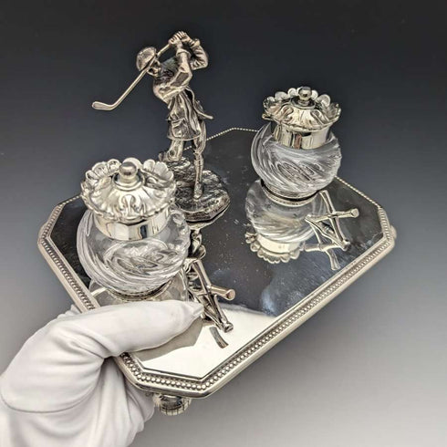 British Vintage Silver Plated Golf Design Pen Stand & Inkwell Pair