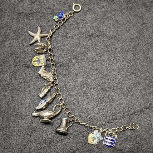 British vintage sterling silver charm bracelet 21g