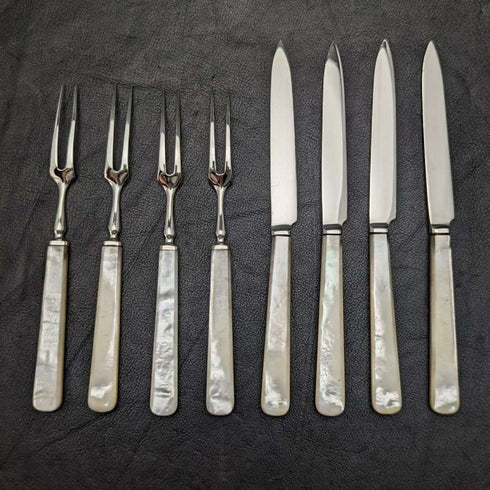 1925 年英國復古白珍珠貝殼手柄純銀刀片甜點餐具 4x2 套裝