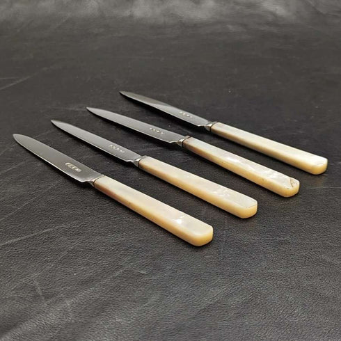 1925 年英國復古白珍珠貝殼手柄純銀刀片甜點餐具 4x2 套裝