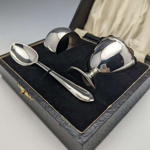 British vintage silver plate egg stand & napkin ring & spoon set boxed