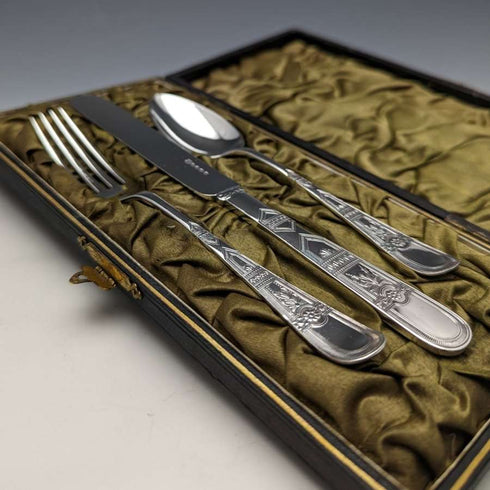 Around 1890 British Antique Silver Plated Crisling Cutlery Set in Case