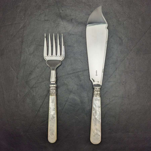 British Vintage White Pearl Shell Handle Silver Plated Fish Server Set in Case