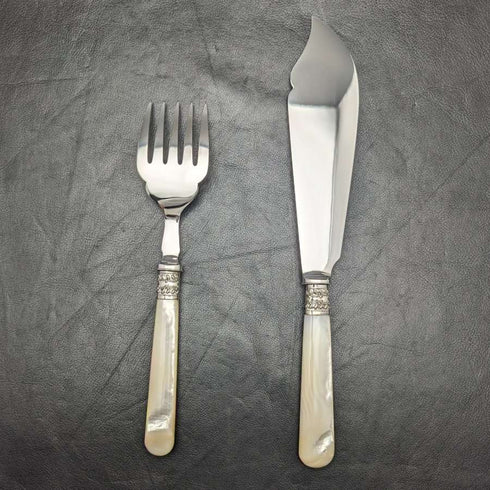 British Vintage White Pearl Shell Handle Silver Plated Fish Server Set in Case