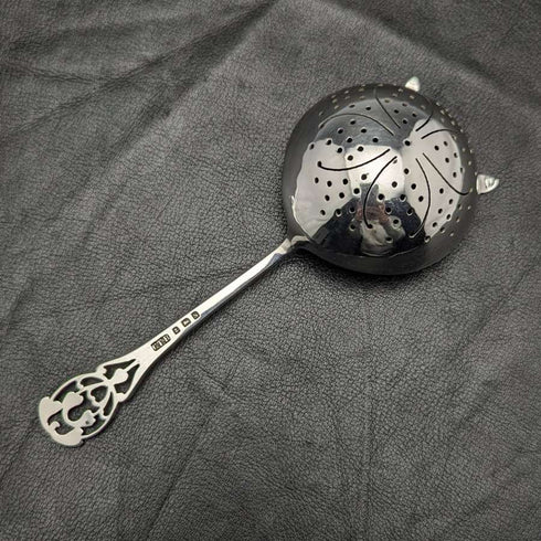 Colador de té de plata esterlina, antigüedad británica de 1917