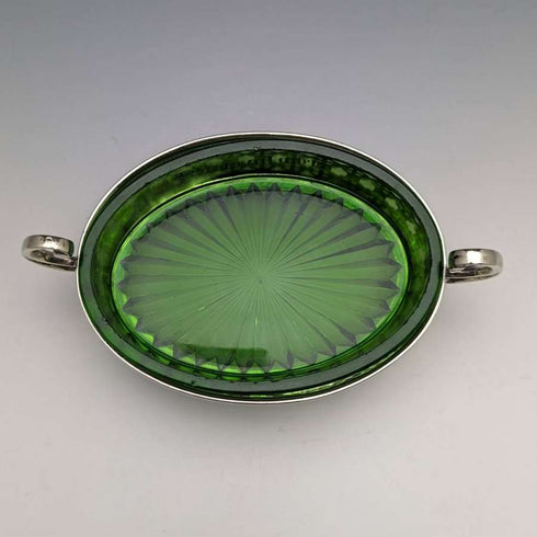Mantequillera antigua inglesa, baño de plata con cuenco interior de cristal verde