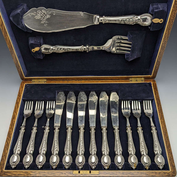 Juego de cubiertos para pescado de 6x2 piezas y servidor con mango de plata esterlina (925) vintage británico de 1929, por CH Beatson, en caja de madera