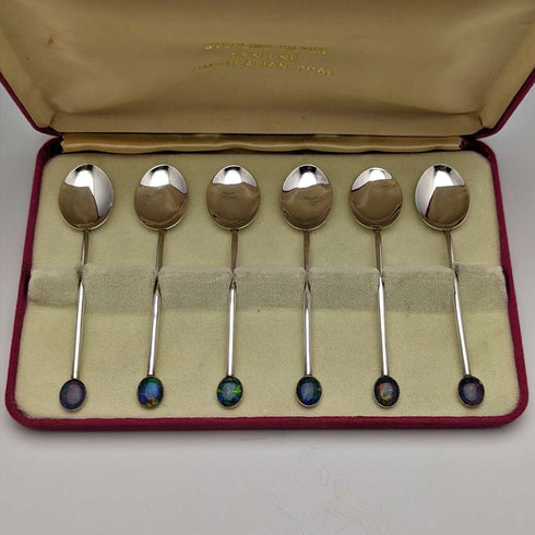 復古純銀茶匙 6 件裝蛋白石裝飾盒