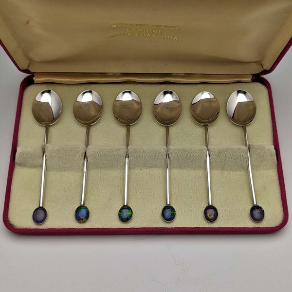 Juego de 6 cucharillas de té de plata de ley vintage con decoración de ópalo, en estuche