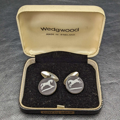 British Vintage Wedgwood Horse Relief Sterling Silver Cufflinks in Case