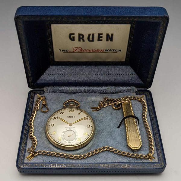 【Restaurado】Reloj de bolsillo vintage estadounidense Gruen VERI-THIN, incluye navaja plegable y cadena Albert, en caja.
