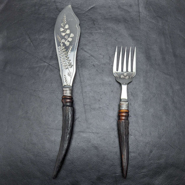 Juego de servidores para pescado de plata chapada, antigüedades británicas de 1899, con mangos de asta de ciervo