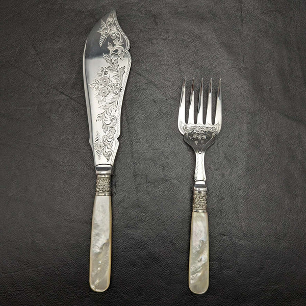 Juego de cubiertos para pescado de plata chapada, antigüedades británicas, con mangos de nácar