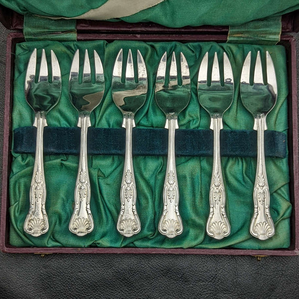 Set de 6 tenedores de plata de ley vintage británicos, en estuche