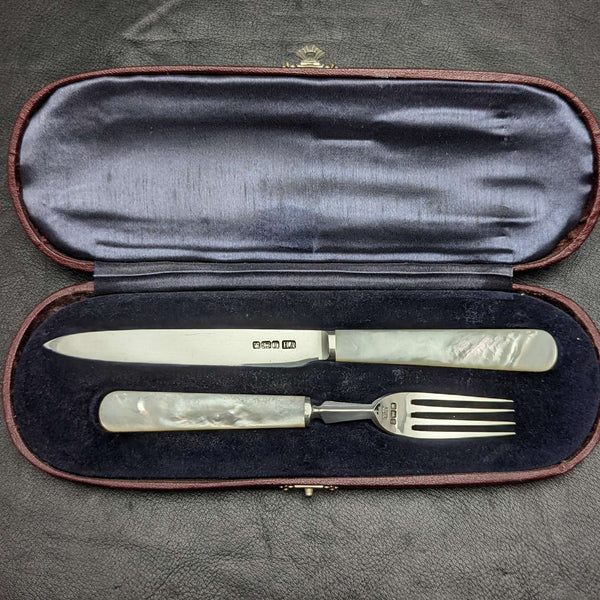 Juego de cubiertos para fruta, antigüedades británicas de 1915, hojas de plata de ley, mangos de nácar, en estuche ②