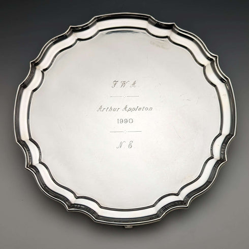 英国古董镀银卡片托盘 直径25.5cm 475g
