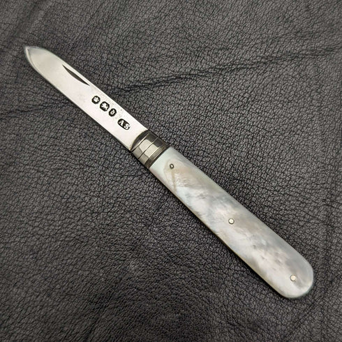 1896 年英國古董白珍珠貝殼手柄純銀刀片折疊筆刀