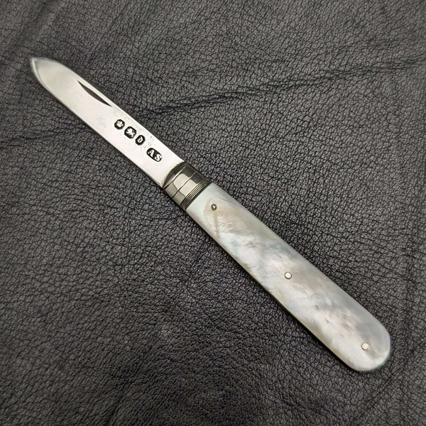 1896 年英國古董白珍珠貝殼手柄純銀刀片折疊筆刀