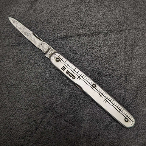 Mini navaja plegable de plata de ley con regla, antigüedad británica de 1904
