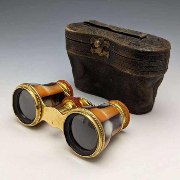 French antique multi white butterfly shell decoration opera glasses binoculars in case