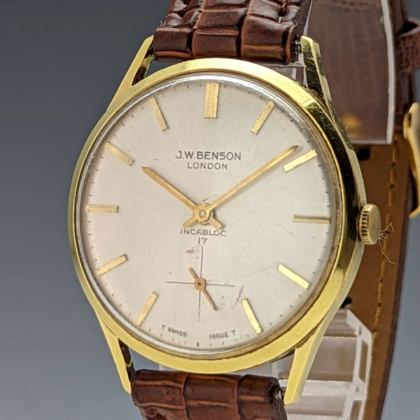 Reloj de pulsera vintage británico Benson para caballero, caja chapada en oro, 17 rubíes, en buen estado de funcionamiento.