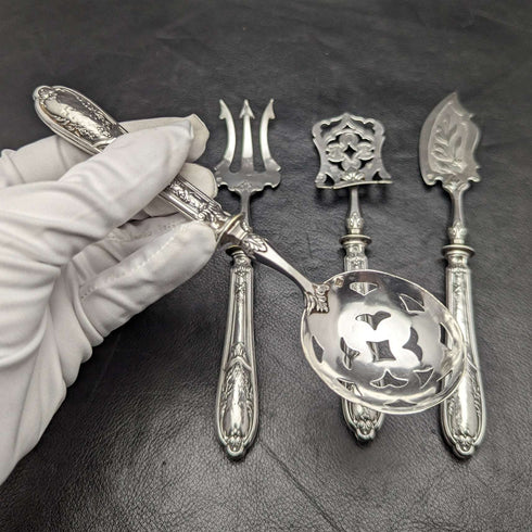 French antique sterling silver handle hors d'oeuvre cutlery set in case