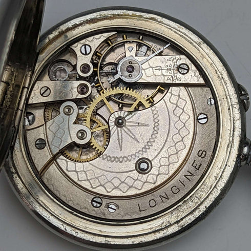 Reloj de bolsillo Longines antiguo de alrededor de 1921, chapado en plata, esfera abierta, en buen estado de funcionamiento