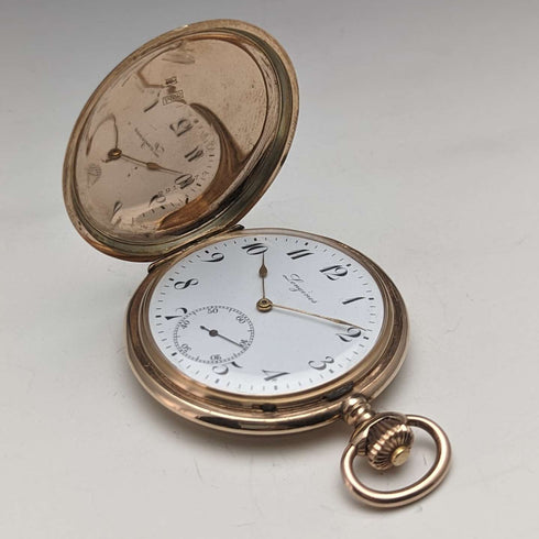 Reloj de bolsillo Longines antiguo de alrededor de 1913, caja tipo hunter chapada en oro, calibre 19.74N, en buen estado de funcionamiento