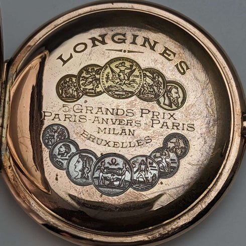 Reloj de bolsillo Longines antiguo de alrededor de 1913, caja tipo hunter chapada en oro, calibre 19.74N, en buen estado de funcionamiento