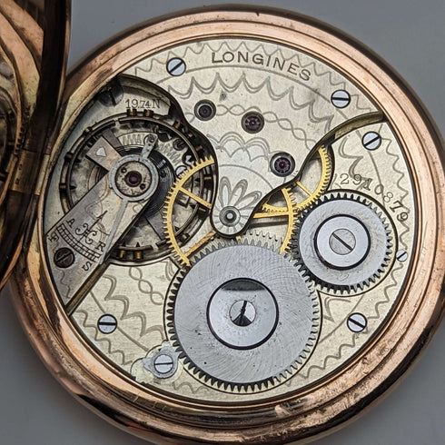 Reloj de bolsillo Longines antiguo de alrededor de 1913, caja tipo hunter chapada en oro, calibre 19.74N, en buen estado de funcionamiento