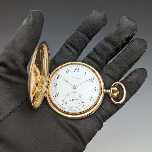 Reloj de bolsillo Longines antiguo de alrededor de 1913, caja tipo hunter chapada en oro, calibre 19.74N, en buen estado de funcionamiento