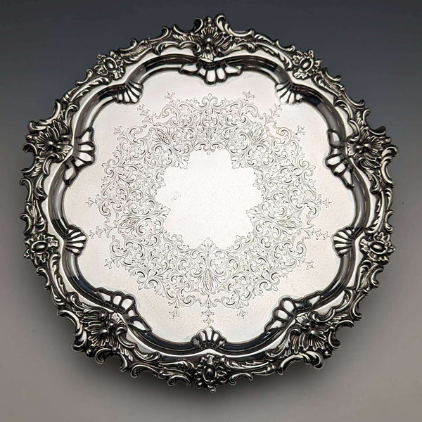 1899 British Antique Sterling Silver Salva Card Tray Diameter 21.5cm 400g Barker Bros