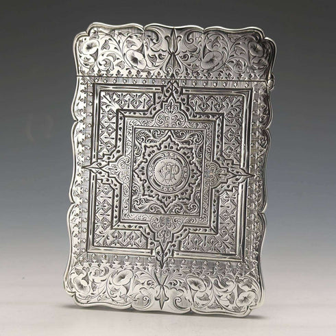 Estuche para tarjetas de plata esterlina, antiguo, británico, 1867, Robert Thornton