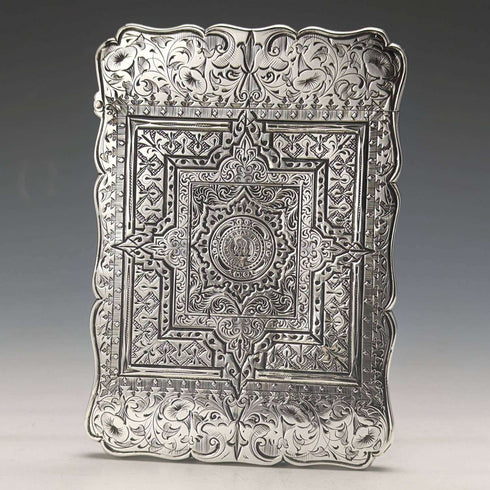Estuche para tarjetas de plata esterlina, antiguo, británico, 1867, Robert Thornton