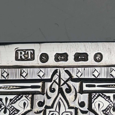 Estuche para tarjetas de plata esterlina, antiguo, británico, 1867, Robert Thornton